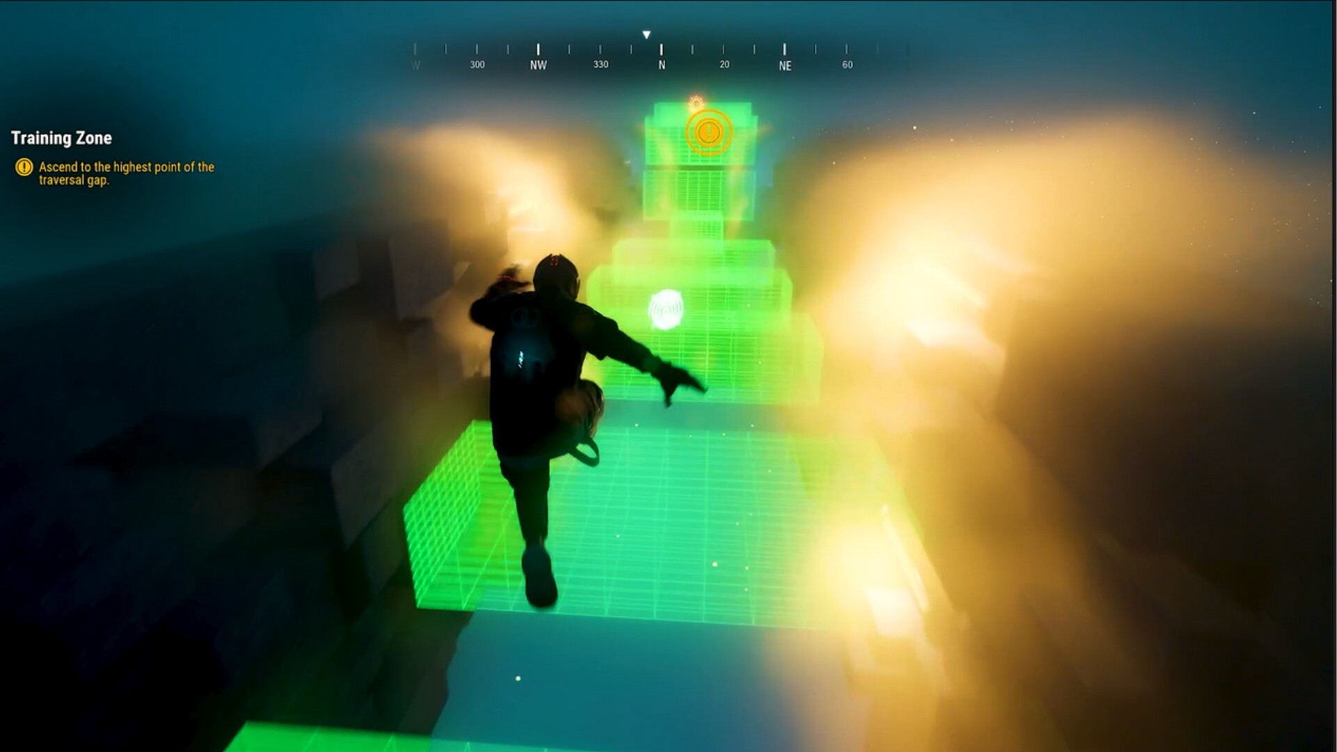 RHM gameplay showing a traversal jump on a holographic route